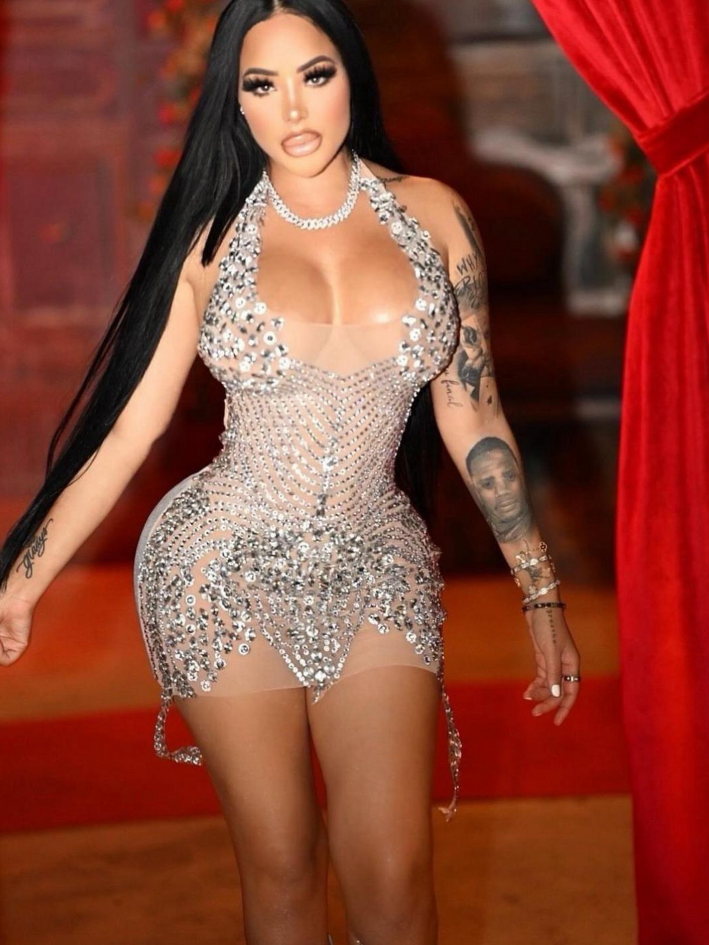 Halter Sheer Rhinestone Dress