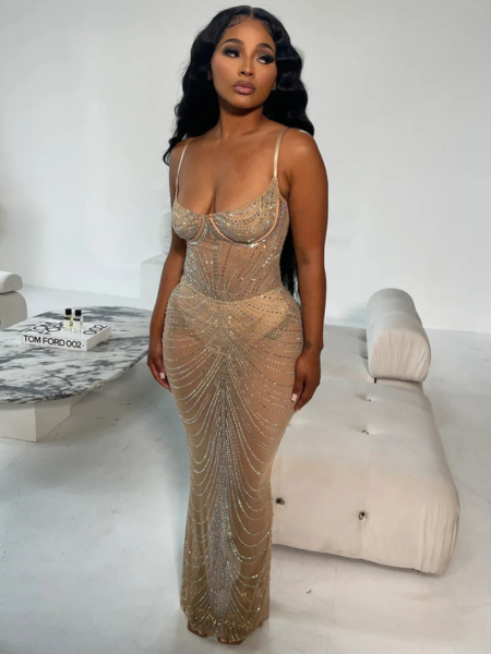 Diamond Elegance Spaghetti Strap Long Dress