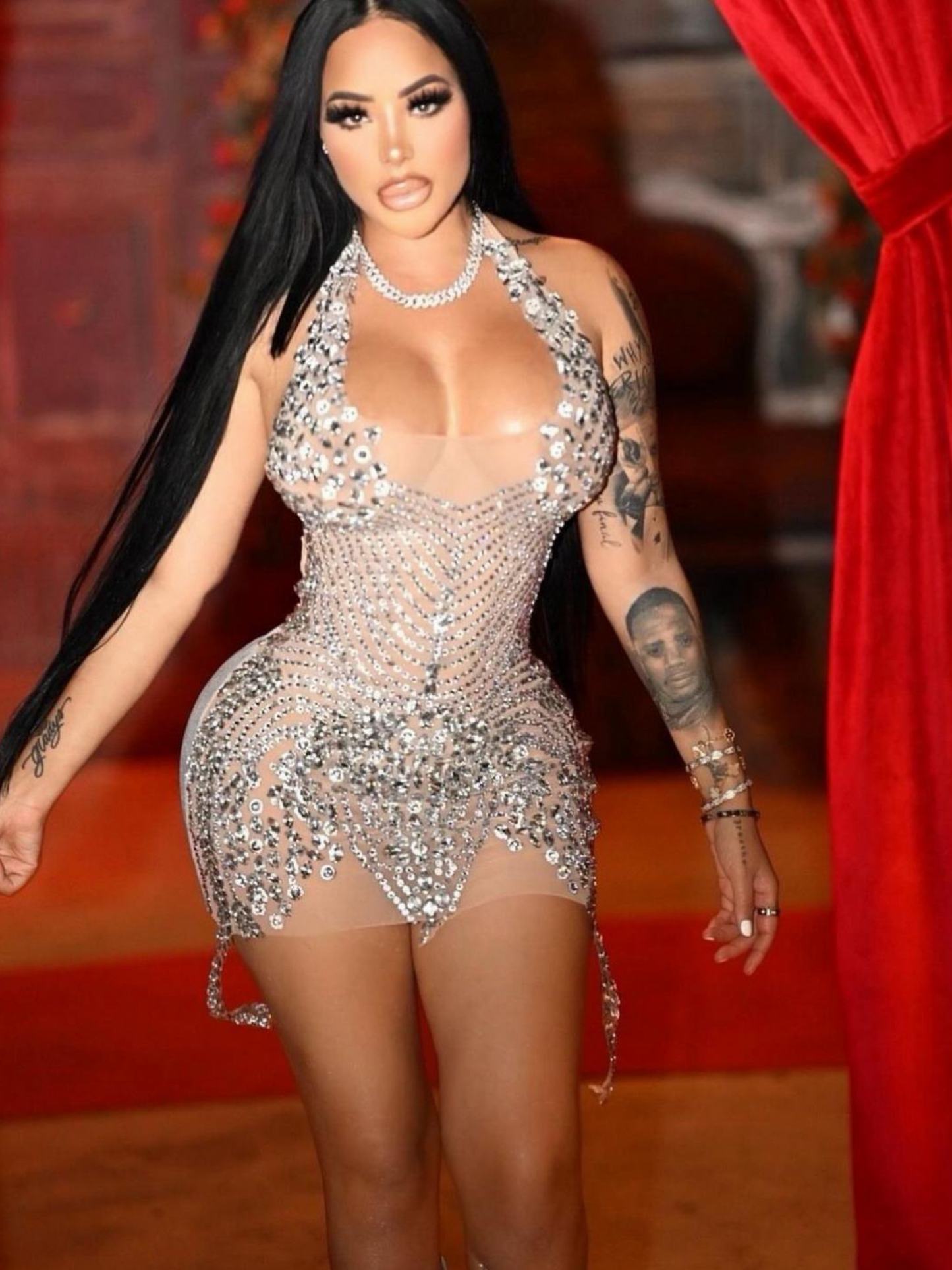 Halter Sheer Rhinestone Dress