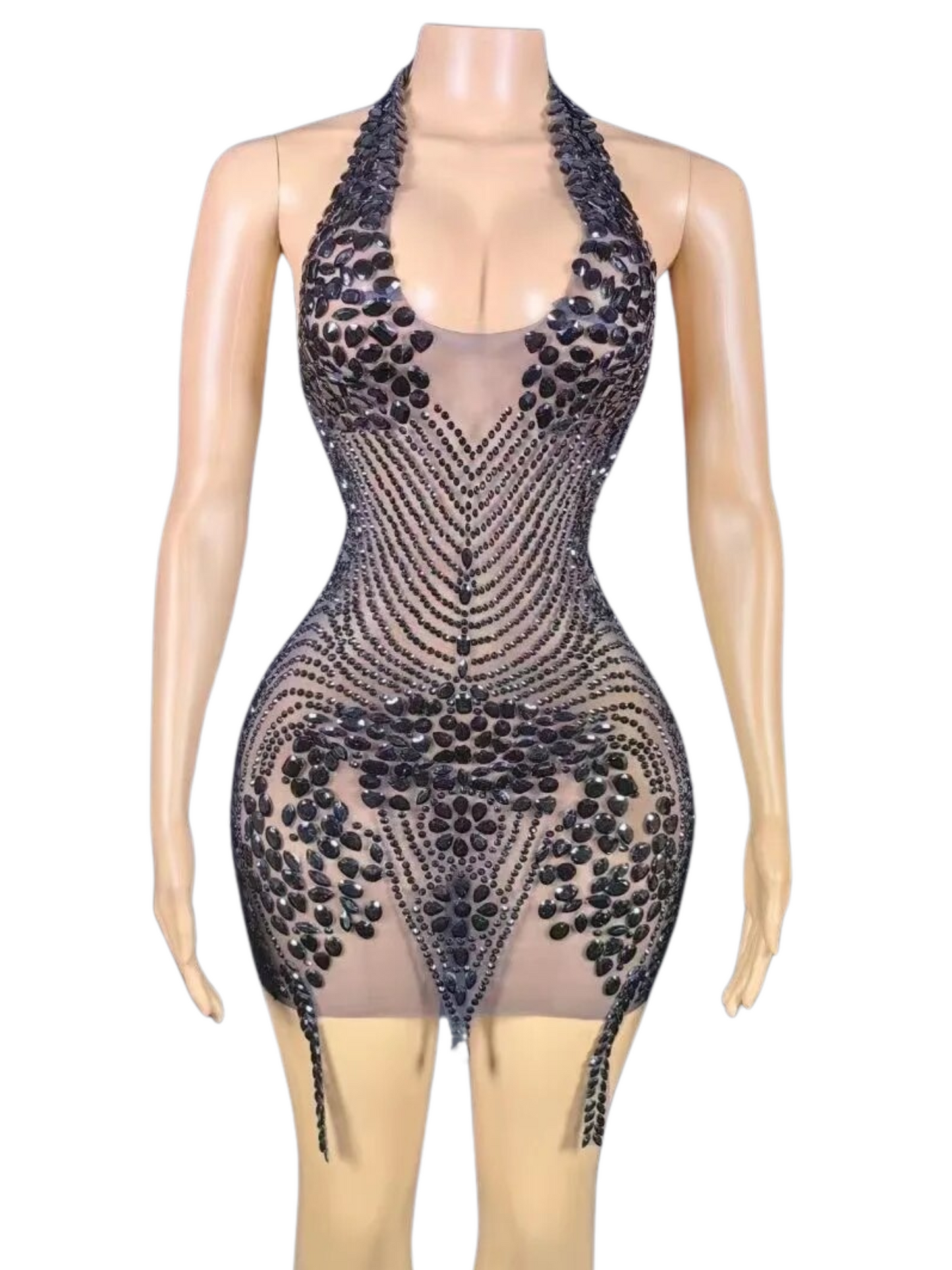 Halter Sheer Rhinestone Dress