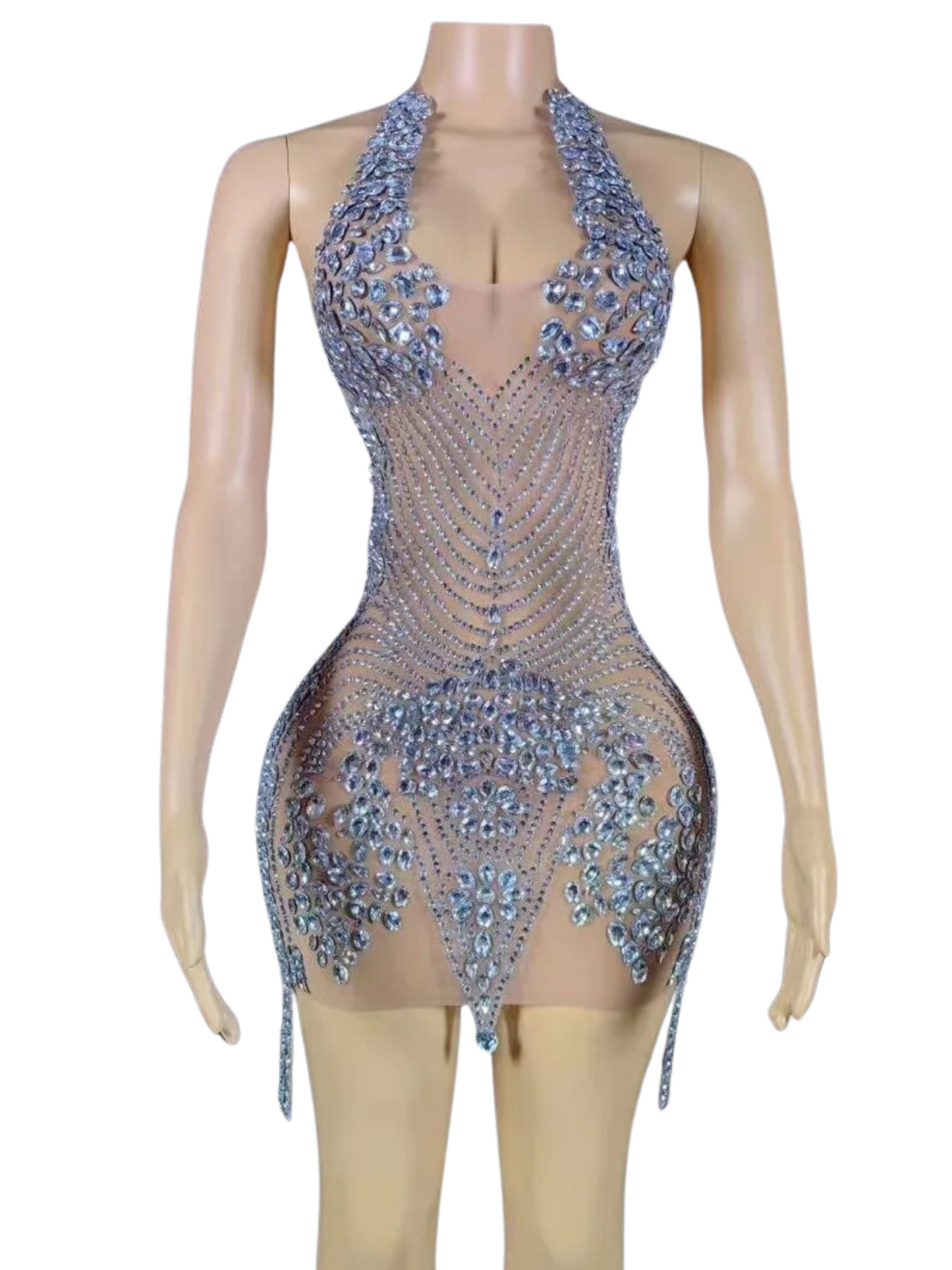 Halter Sheer Rhinestone Dress