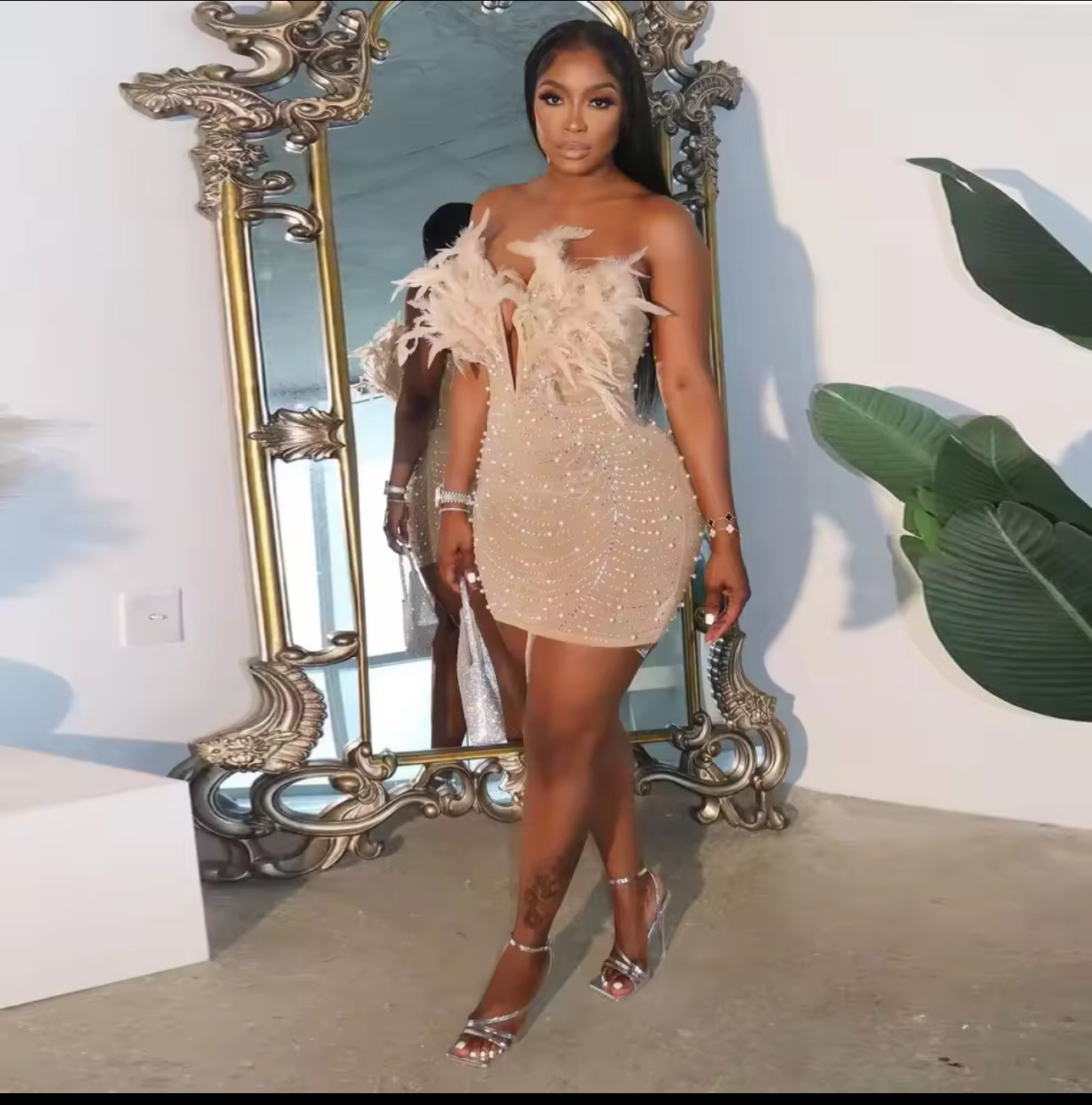 Women Diamonds Hot Rhinestones Feather Mesh Dress