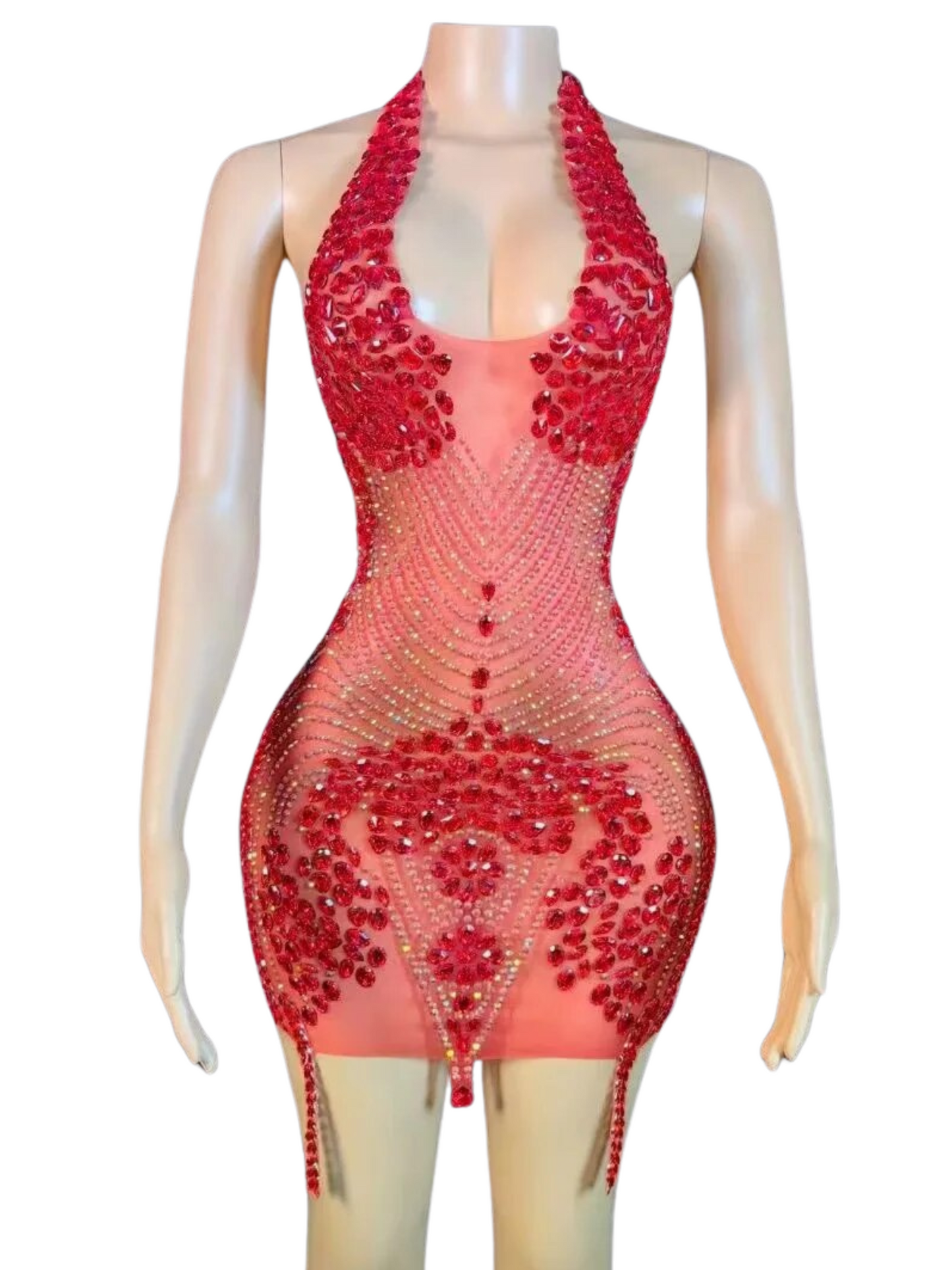 Halter Sheer Rhinestone Dress