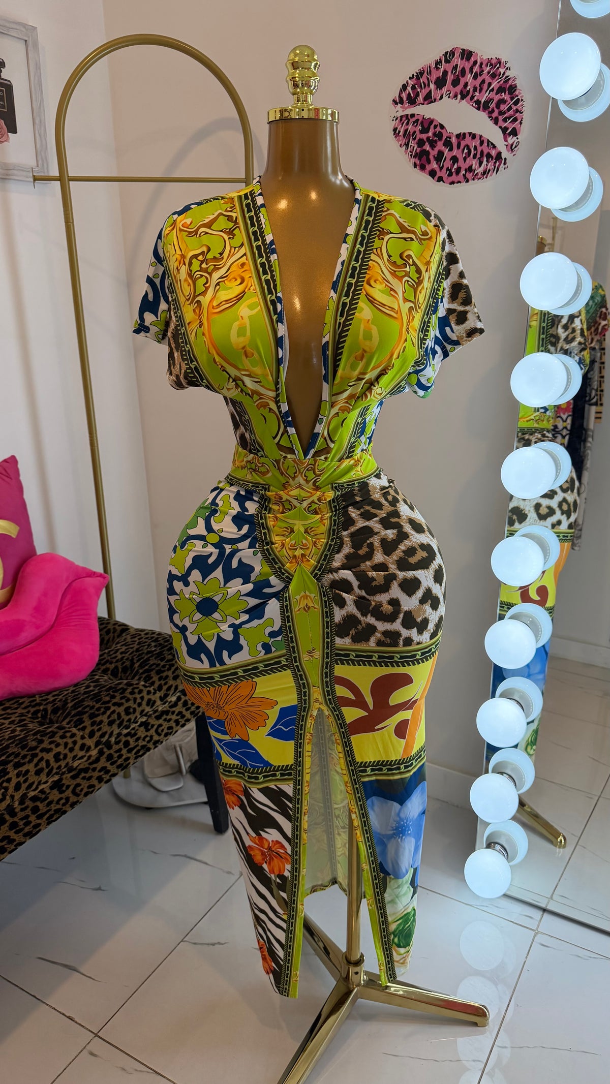 Chain Print Wrap Dress — Citrus Leopard