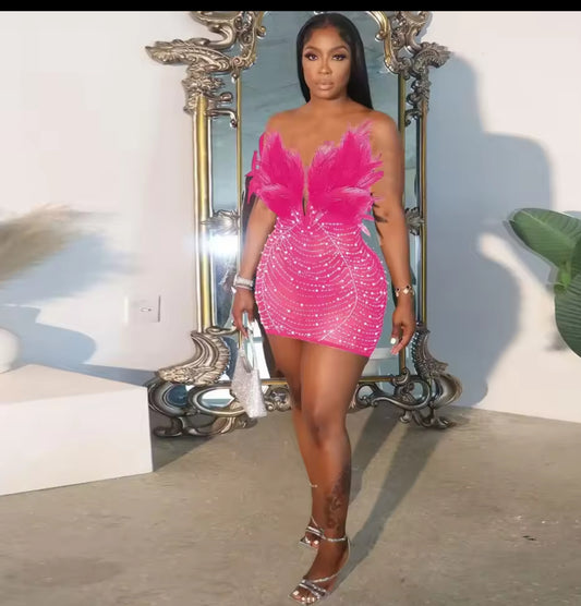 Women Diamonds Hot Rhinestones Feather Mesh Dress