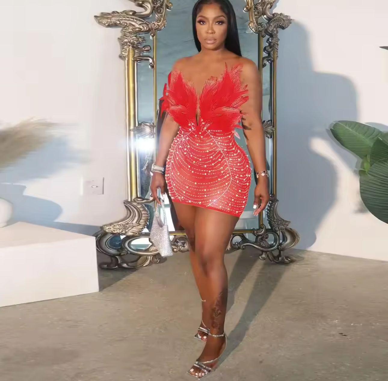 Women Diamonds Hot Rhinestones Feather Mesh Dress
