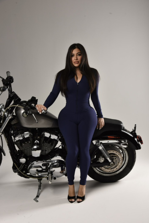 Navy zip-front bodysuit, full length