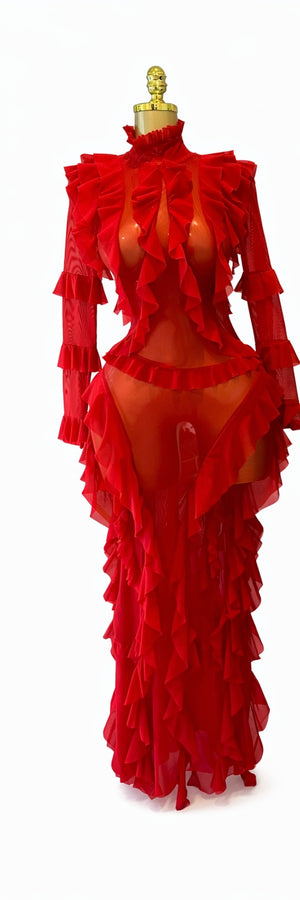 Sheer Ruffle Gown in red