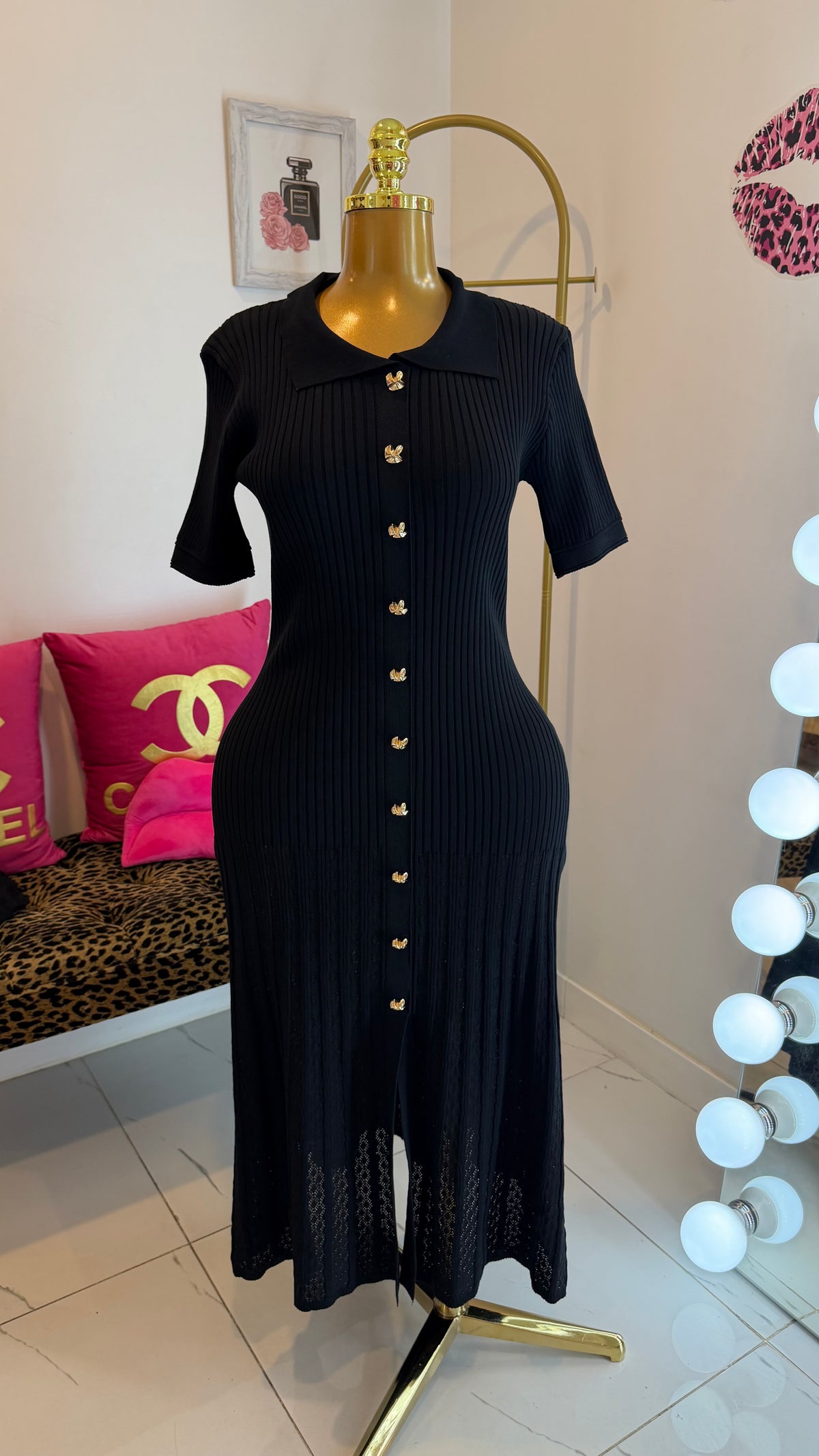 Ribbed Button-Front Midi Dress