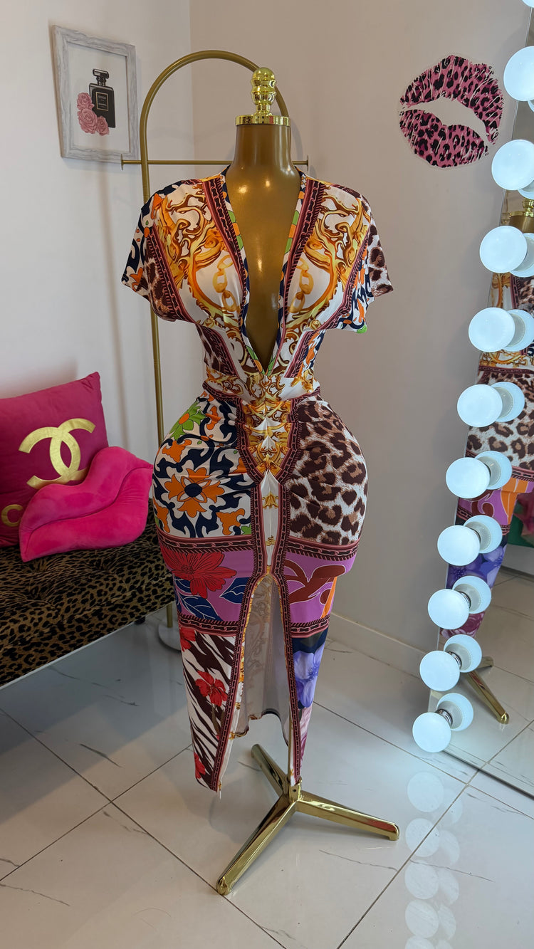 Chain Print Wrap Dress — Golden Leopard