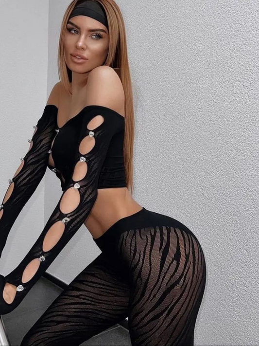 2-Piece Slash Neck Long Sleeve Hollow Out Tops + Sheer Trousers Set