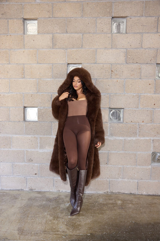 Luxe Chocolate Faux Fur Coat Elegant Winter Warmth Premium Plush wear