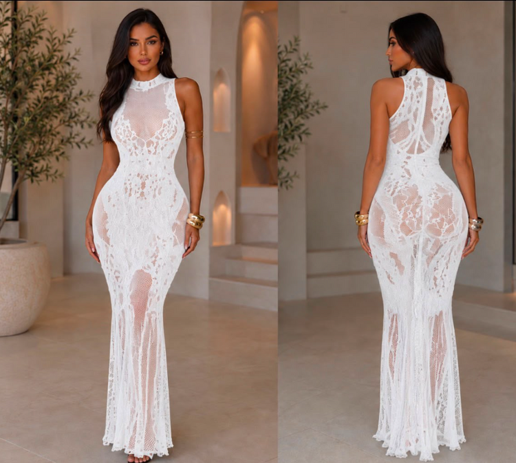 Lace Mermaid Gown in white, front and back