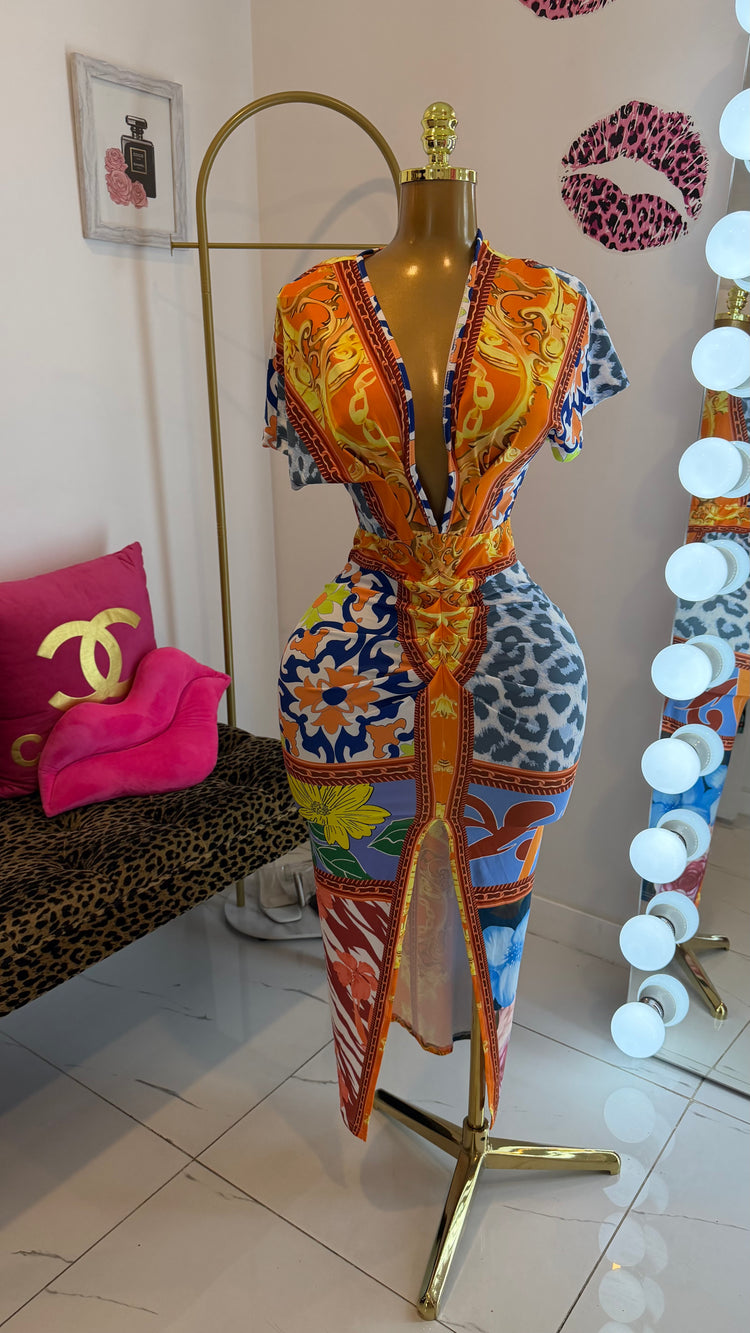 Chain Print Wrap Dress — Sunset
