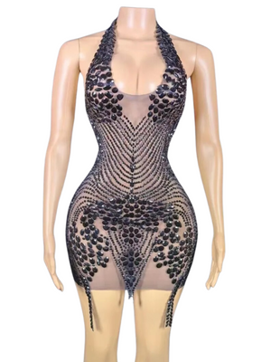 Halter Sheer Rhinestone Dress