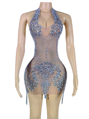 Halter Sheer Rhinestone Dress
