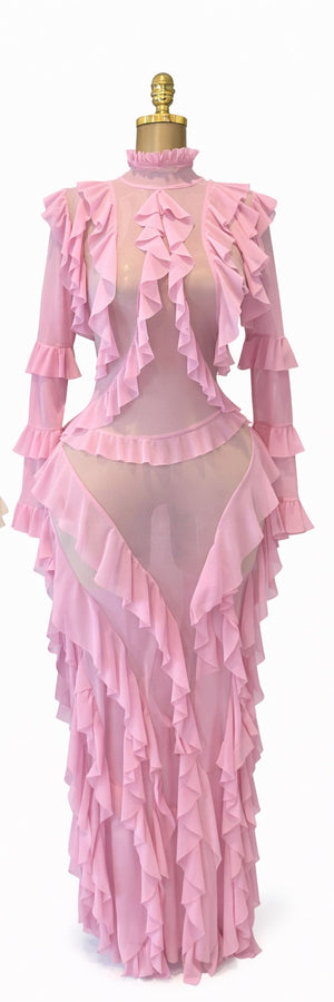Sheer Ruffle Gown in pink