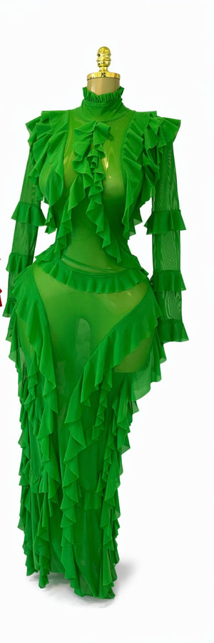 Sheer Ruffle Gown in green