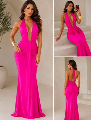 Halter Plunge Maxi Gown in hot pink, front and back