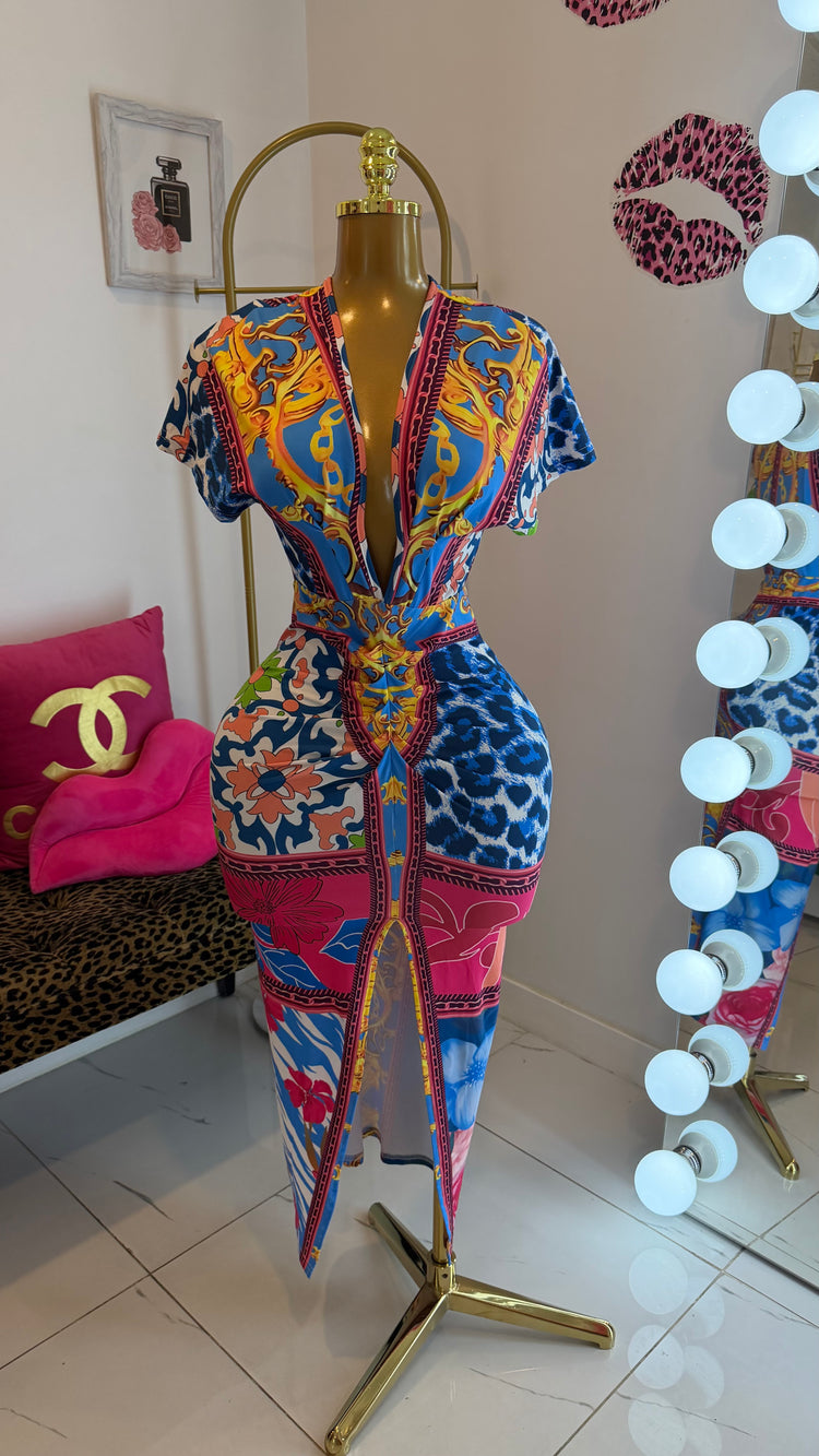 Chain Print Wrap Dress — Blue Bloom