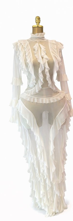 Sheer Ruffle Gown in white