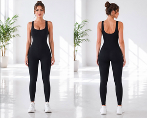 Nunu Sculpt Gym Jumpsuit in black, front and back