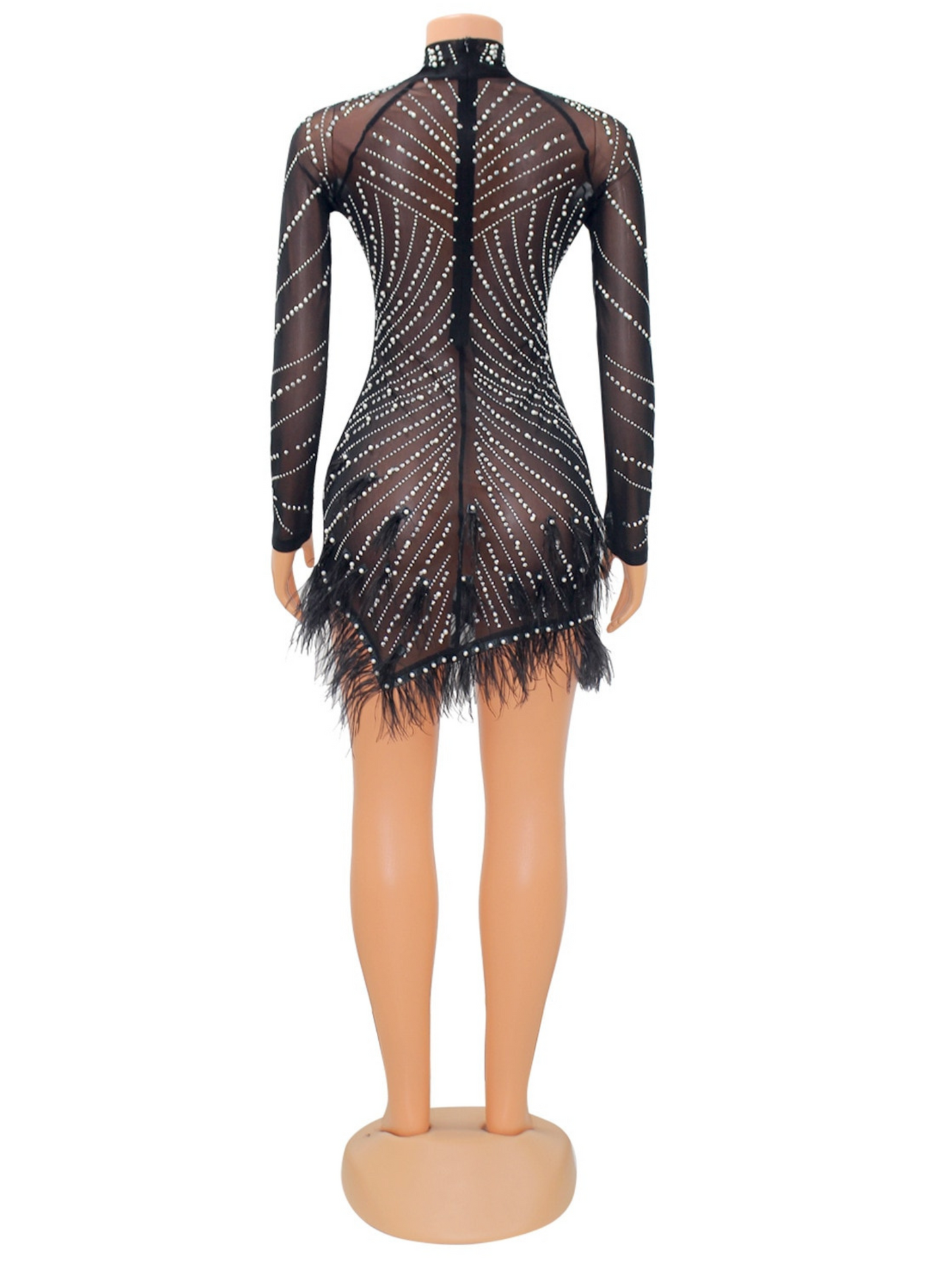 Solid Beading Feather O-neck Dress