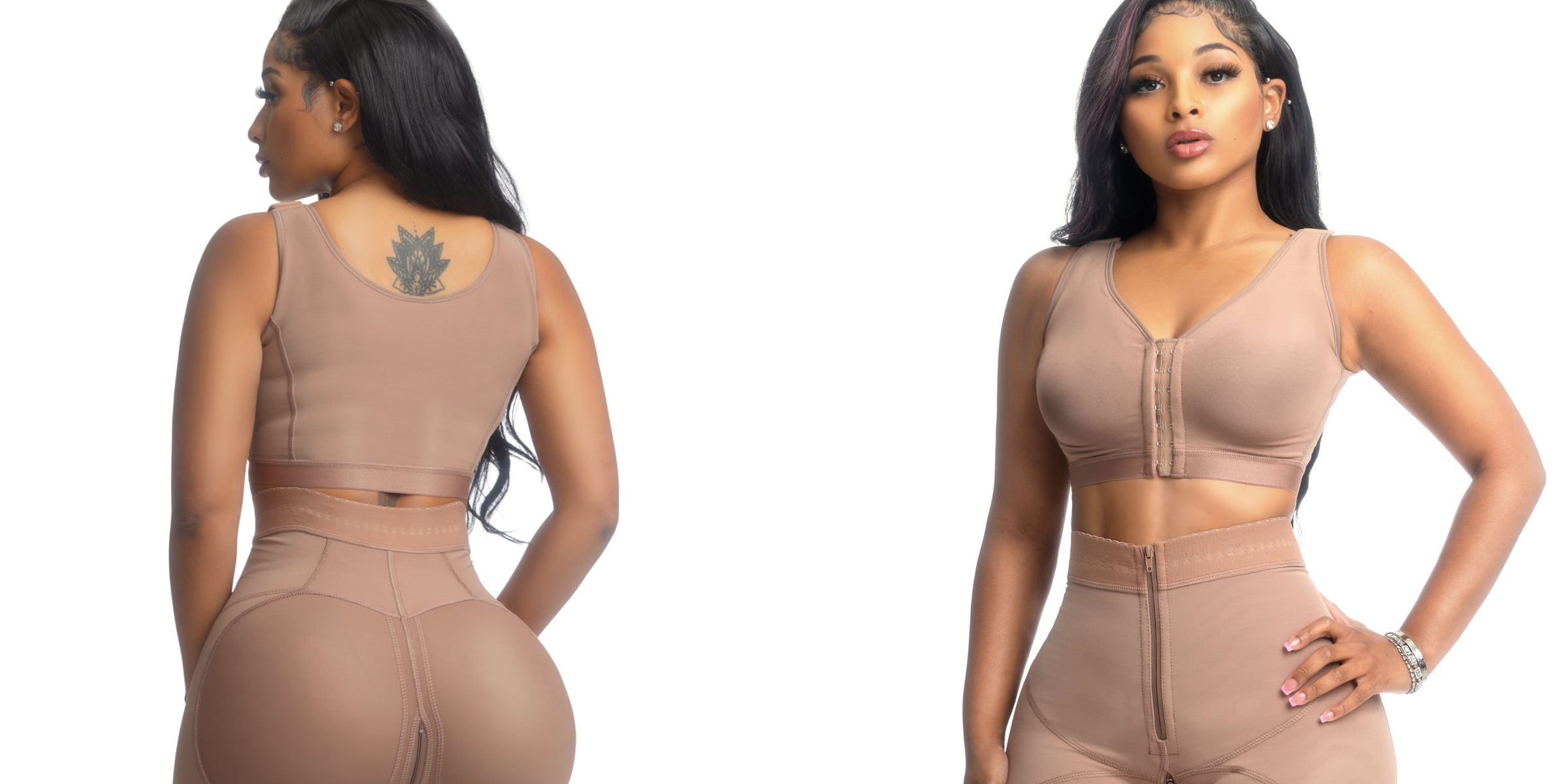 Two women wearing nude Nunu Curves shapewear