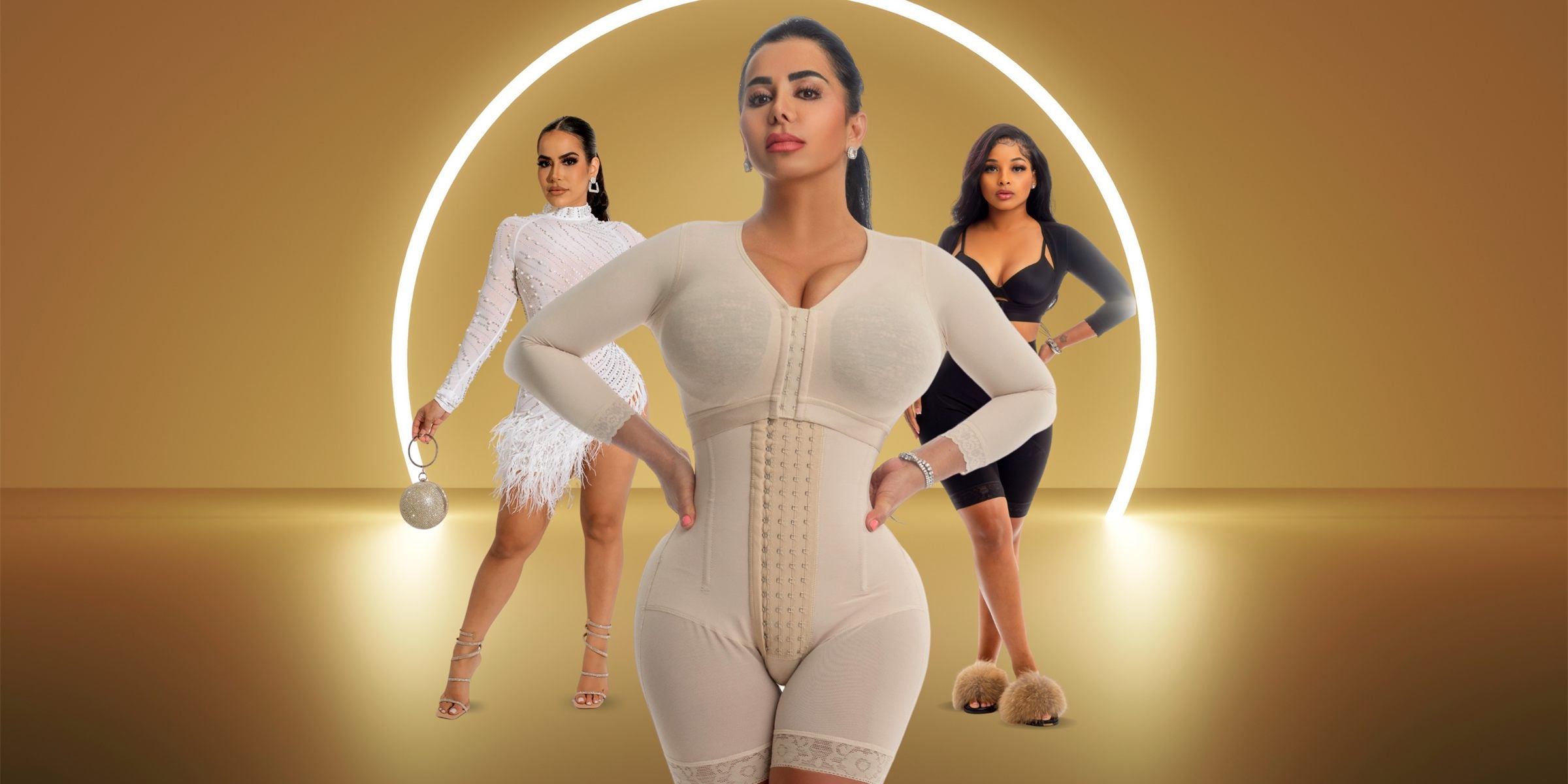 Three women in Nunu Curves shapewear under a gold arch